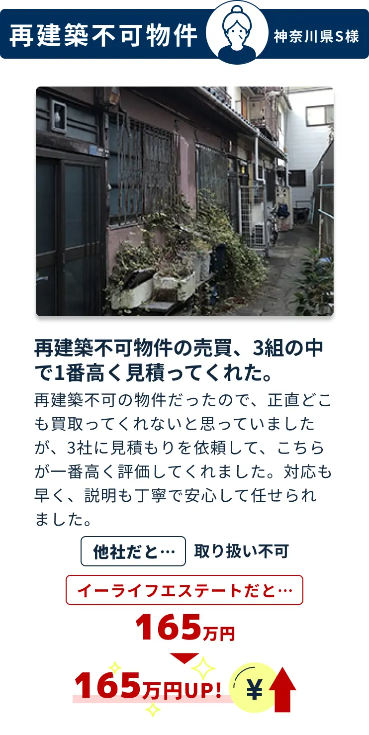 再建築不可物件の売買、3組の中で1番高く見積ってくれた。