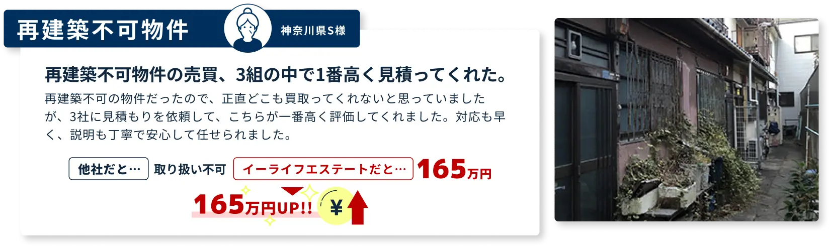 再建築不可物件の売買、3組の中で1番高く見積ってくれた。