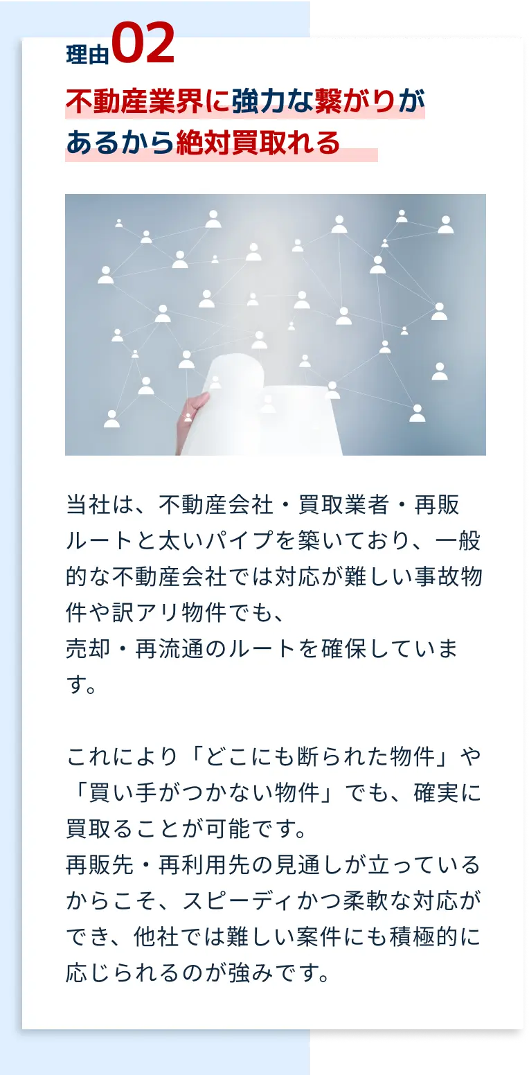 不動産業界に強力な繋がりがあるから絶対買取れる。